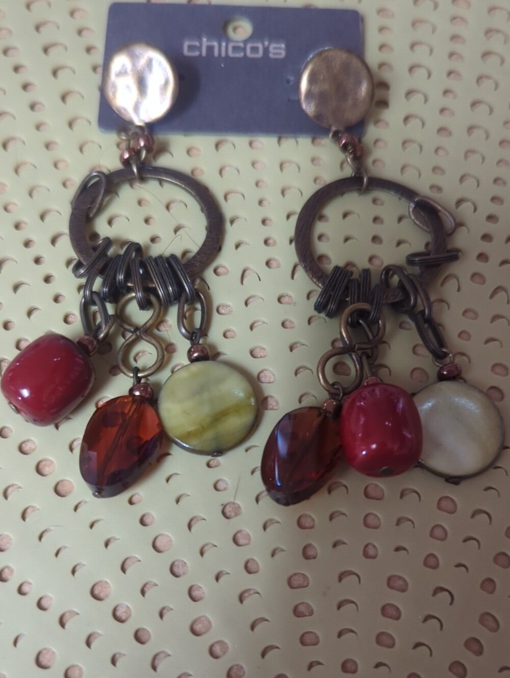 Chico's Red, Amber & Cream Dangle Hoop Earrings